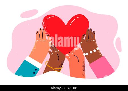 Hands people of different races and nationalities reach for heart symbolizing mercy and charity. Metaphor of national diversity and ethnic tolerance b Stock Photo