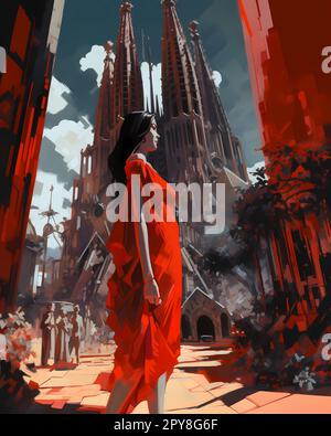 Illustration of beautiful view of the city of Barcelona, Spain Stock Photo