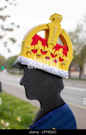 The Horse fair statues in Jubilee Way, Horncastle have been decorated in preparation for the Royal Coronation. The Lincolnshire town of Horncastle prepares for the Coronation of king Charles III. Stock Photo