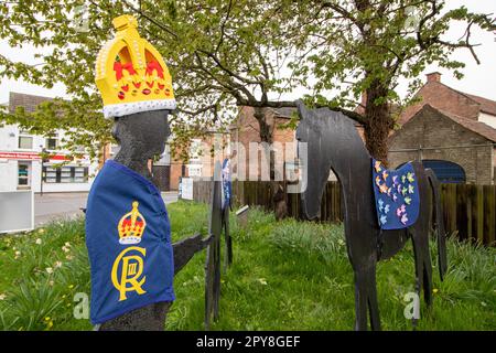 The Horse fair statues in Jubilee Way, Horncastle have been decorated in preparation for the Royal Coronation. The Lincolnshire town of Horncastle prepares for the Coronation of king Charles III. Stock Photo