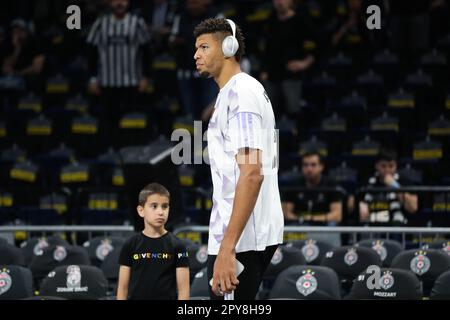 Belgrade, Serbia, 4 May 2023. Uros Trifunovic of Partizan Mozzart Bet  Belgrade warms up during the Play Offs Game 4 - 2022/2023 Turkish Airlines  EuroLeague match between Partizan Mozzart Bet Belgrade and