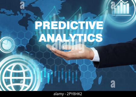 Concept of predictive analytics. Businessman, world map and virtual icons on color background, closeup Stock Photo