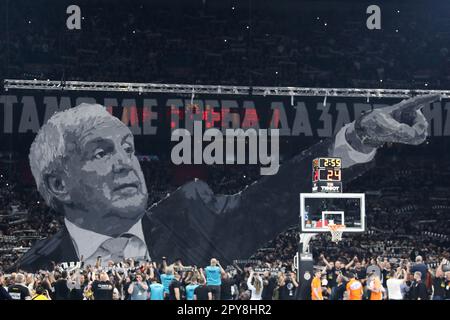 Belgrade, Serbia, 4 May 2023. Yam Madar of Partizan Mozzart Bet Belgrade  drives to the basket during the Play Offs Game 4 - 2022/2023 Turkish  Airlines EuroLeague match between Partizan Mozzart Bet