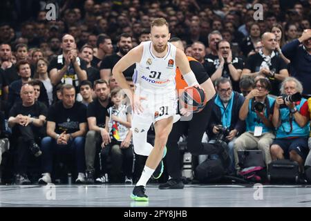 Belgrade, Serbia, 4 May 2023. Yam Madar of Partizan Mozzart Bet Belgrade  drives to the basket during the Play Offs Game 4 - 2022/2023 Turkish  Airlines EuroLeague match between Partizan Mozzart Bet