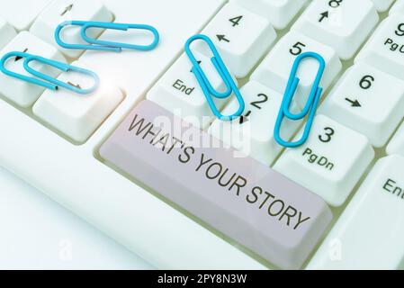 Handwriting text What's Your Story. Business concept asking someone tell me about himself Share experience Stock Photo