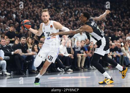 Belgrade, Serbia, 4 May 2023. Yam Madar of Partizan Mozzart Bet Belgrade  drives to the basket during the Play Offs Game 4 - 2022/2023 Turkish  Airlines EuroLeague match between Partizan Mozzart Bet