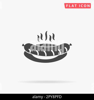 Hot Sausage on a plate. Simple flat black symbol with shadow on white background. Vector illustration pictogram Stock Photo