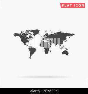 Map of the world. Simple flat black symbol with shadow on white background. Vector illustration pictogram Stock Photo