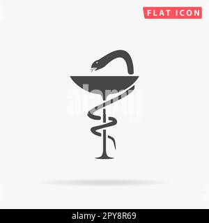 Pharmacy with caduceus, bowl with a snake. Simple flat black symbol with shadow on white background. Vector illustration pictogram Stock Photo