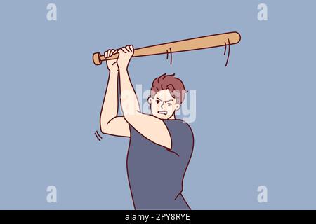 Aggressive man swings wooden bat to hit ball or fend off attacking criminals. Aggressive guy attacks people using baseball bat as weapon, wanting to b Stock Photo