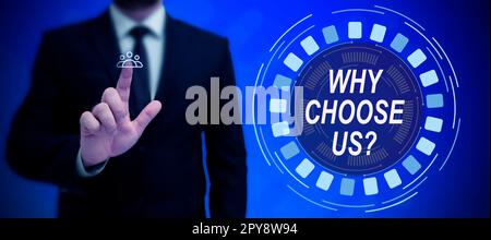Text showing inspiration Why Choose Us. Business showcase Reasons for choosing our brand over others arguments Stock Photo