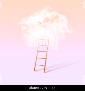 Wooden ladder leading to white cloud on light blue background. Concept ...