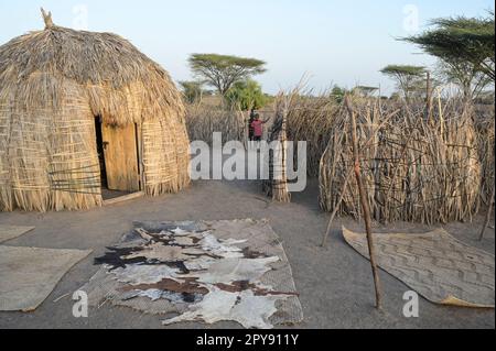 KENYA, Turkana, village Nariokotome, Turkana tribe, shepherd hamlet, goat fur drying in the sun, they are used as sleeping pad Stock Photo