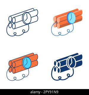 Time bomb icon set in flat and line style. Dynamite with timer symbol. Vector illustration Stock Vector