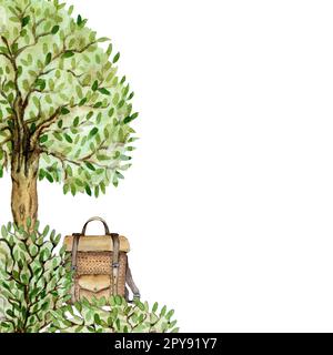Composition from a backpack on the background of forest. Watercolor illustration. Stock Photo