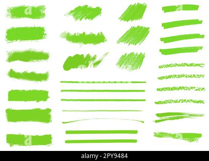Big collection of green hand drawn pencil and paintbrush stripes, strokes and textures Stock Photo