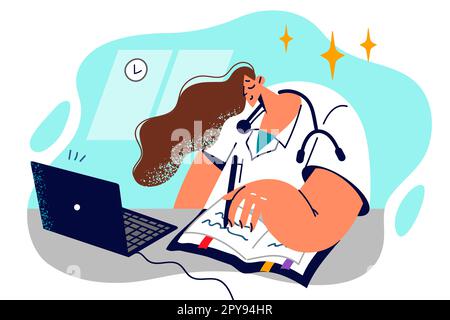 Female doctor works in field of telemedicine consulting patients via Internet in laptop and giving recommendations for treatment. Doctor therapist in Stock Photo