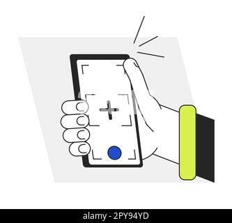 Taking selfie with smart phone camera flat line vector spot illustration Stock Vector
