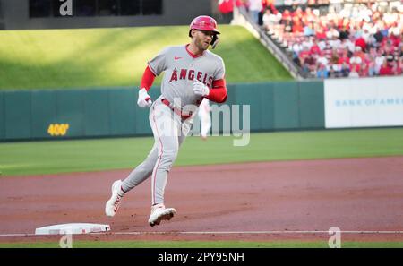 May 26, 2021: Los Angeles Angels third baseman Taylor Ward (3) hits a three  run homer in the first inning during the game between the Texas Rangers and  the Los Angeles Angels