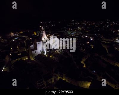 Aerial night view of the church of Cadaques, on the Costa Brava Stock Photo