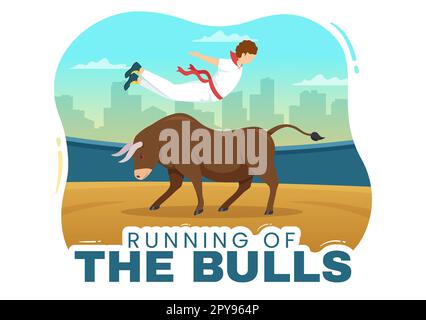 Running of the Bulls Illustration with Bullfighting Show in Arena in Flat Cartoon Hand Drawn for Web Banner or Landing Page Template Stock Photo