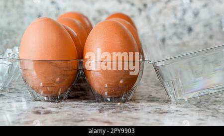 Brown eggs in plastic container Stock Photo