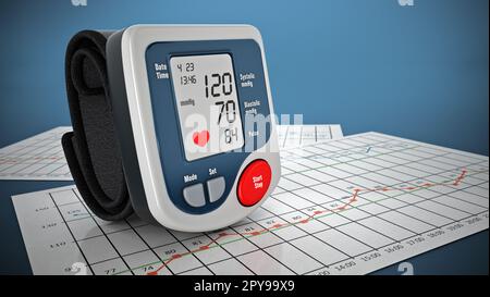 Wrist cuff blood pressure monitor on blood pressure graph. 3D illustration. Stock Photo