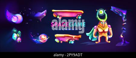 Cartoon cosmic game graphic elements for computer or mobile gui design. Platforms, asteroids, neon astronaut and flying crystal rocks. Space background with spaceman, stages and planets. Cosmic set. Stock Vector
