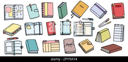 Doodle illustration set of colorful bullet journal, notebooks, stationery and planners. Hand drawn icons of diary book with stickers and calendar. Outline elements isolated on white background. Stock Vector