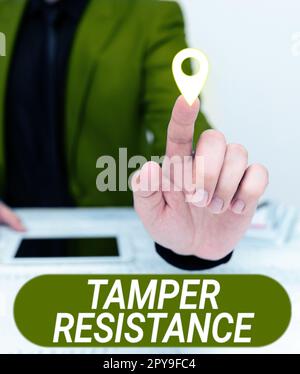 Hand writing sign Tamper Resistance. Word for resilent to physical harm, threats, intimidation, or corrupt persuasion Stock Photo