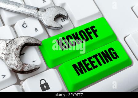 Conceptual hand writing showing Kickoff Meeting. Business photo text  Special discussion on the legalities involved in the project Young long  hair woman holding blank square announcement design. Stock Illustration by  ©artursz #277037702