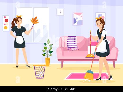 Professional Girl Maid Illustration of Cleaning Service Wearing her Uniform with Apron for Clean a House in Flat Cartoon Hand Drawn Templates Stock Photo