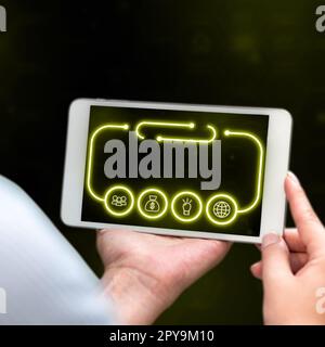 Hands holding mobile phone with main message on the screen. Futuristic colored glow design. Digital illustration presenting new technologies. Cellphone display. Stock Photo