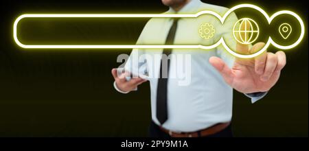 Man in office shirt satnding and holding mobile phone. Businessman pressing virtual button with his finger. Unlock, switch on. Futuristic colored glow. Stock Photo