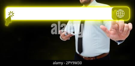 Man in office shirt satnding and holding mobile phone. Businessman pressing virtual button with his finger. Unlock, switch on. Futuristic colored glow. Stock Photo