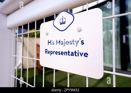 A general view of His Majesty's Representative signage at Ascot Racecourse, Berkshire. Picture date: Wednesday May 3, 2023. Stock Photo