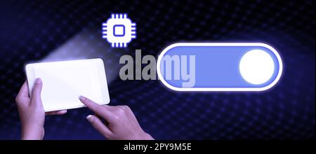 Two Hands Holding mobile phone and press on screen. Cellphone presenting New Futuristic Technologies. Palms Carrying cellphone Displaying Late Innovative Virtual Ideas. Stock Photo