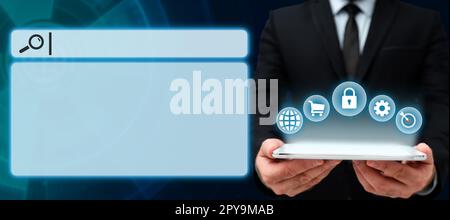 Businessman in black suit standing and holding tablet in two hands. Glow going from device display. Futuristic style image with colored bright glowing. Digital design. Stock Photo