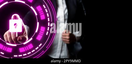 Lady In Suit Standing Pointing On virtual button. Showing Futuristic Graphic Interface. Woman In Uniform pressing on screen Device Presenting Modern Virtual Technologies. Stock Photo