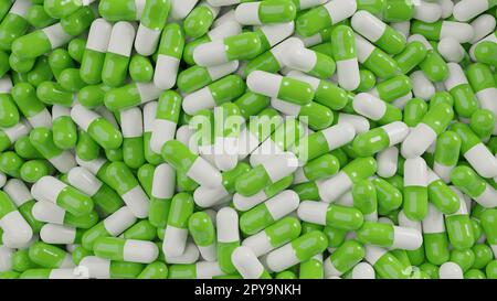 Bunch of green white capsule pills on a white background - Medicine healthcare medicaments Stock Photo