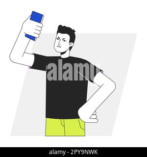 Annoyed man lifting up phone above head flat line vector spot illustration Stock Vector