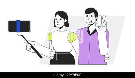 Couple taking selfie flat line vector spot illustration Stock Vector