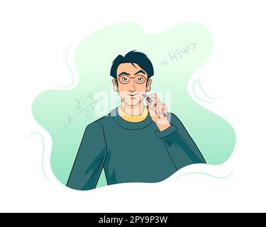 Young adult cheerful Asian student with mechanical pencil in his hand, eyebrow raised. Quantum physics equation. Male character in dark blue sweater. Stock Vector