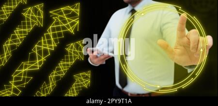 Man in office shirt satnding and holding mobile phone. Businessman pressing virtual button with his finger. Unlock, switch on. Futuristic colored glow. Stock Photo