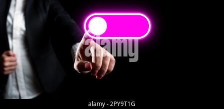 Lady In Suit Standing Pointing On virtual button. Showing Futuristic Graphic Interface. Woman In Uniform pressing on screen Device Presenting Modern Virtual Technologies. Stock Photo