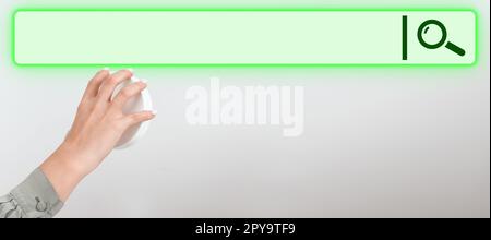 The hand turns the round Switch Showing New Futuristic Technologies. Creative Ideas And Main Important Concepts. Digital design with bright colored glow. Stock Photo