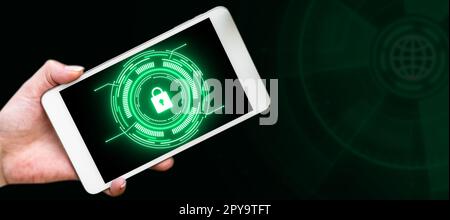 Hand holding Mobile Phone with important information on screen. Cellphone contains main message on display. Futuristic design with glow. Technological future. Stock Photo