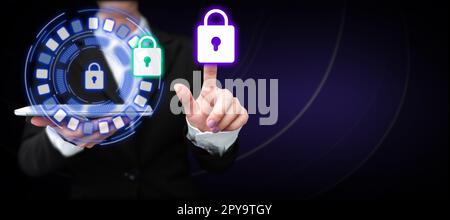 Lady In Uniform Standing Holding Tablet And Pressing On Virtual Button. Business Woman Carrying Pad Tapping Switch Showing New Futuristic Technologies. Stock Photo