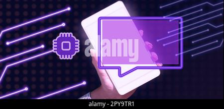 Hand Holding mobile phone presenting New Futuristic Technologies. Palm Carrying cellphone Displaying Solving Late Innovative Virtual Ideas. Screen glow. Stock Photo