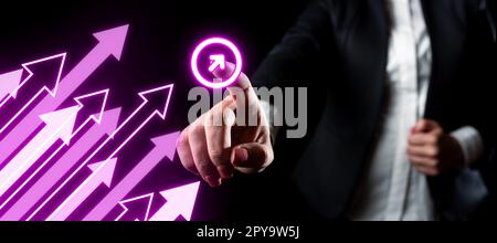Lady In Suit Standing Pointing On virtual button. Showing Futuristic Graphic Interface. Woman In Uniform pressing on screen Device Presenting Modern Virtual Technologies. Stock Photo
